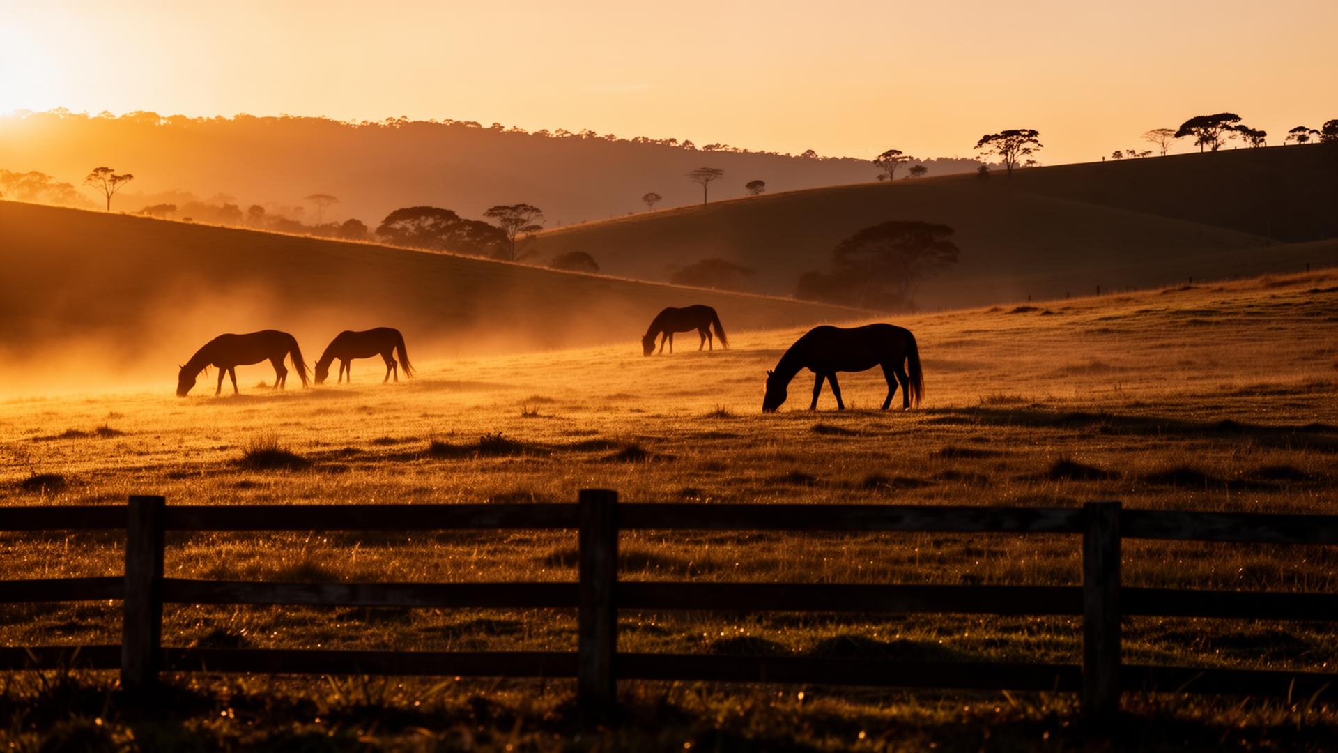 Cavalos pastando ao pôr do sol no Rancho Monã